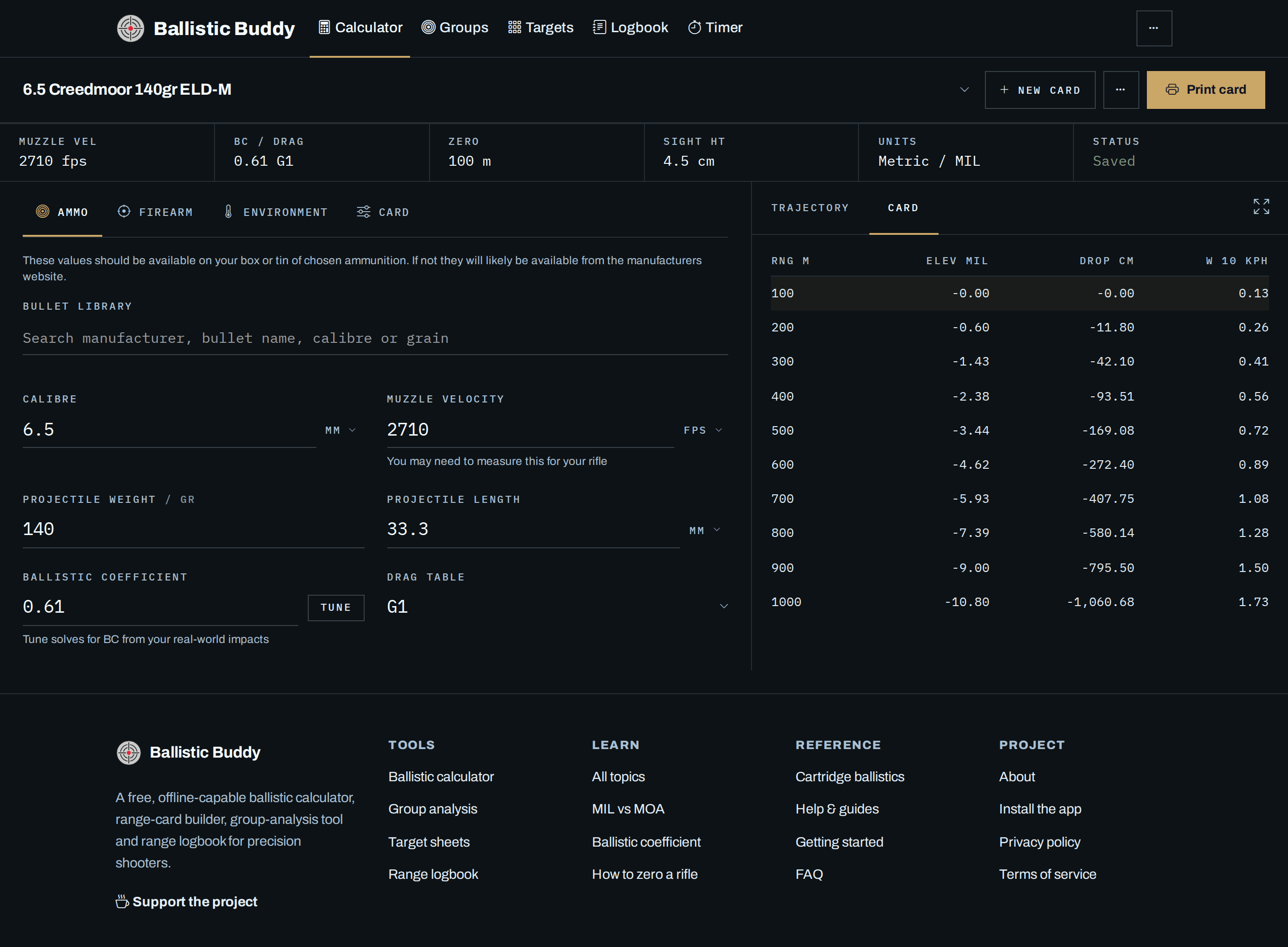The Ballistic Buddy calculator with a 6.5 Creedmoor load entered, showing the input accordions on the left and a live trajectory preview and summary range card on the right.
