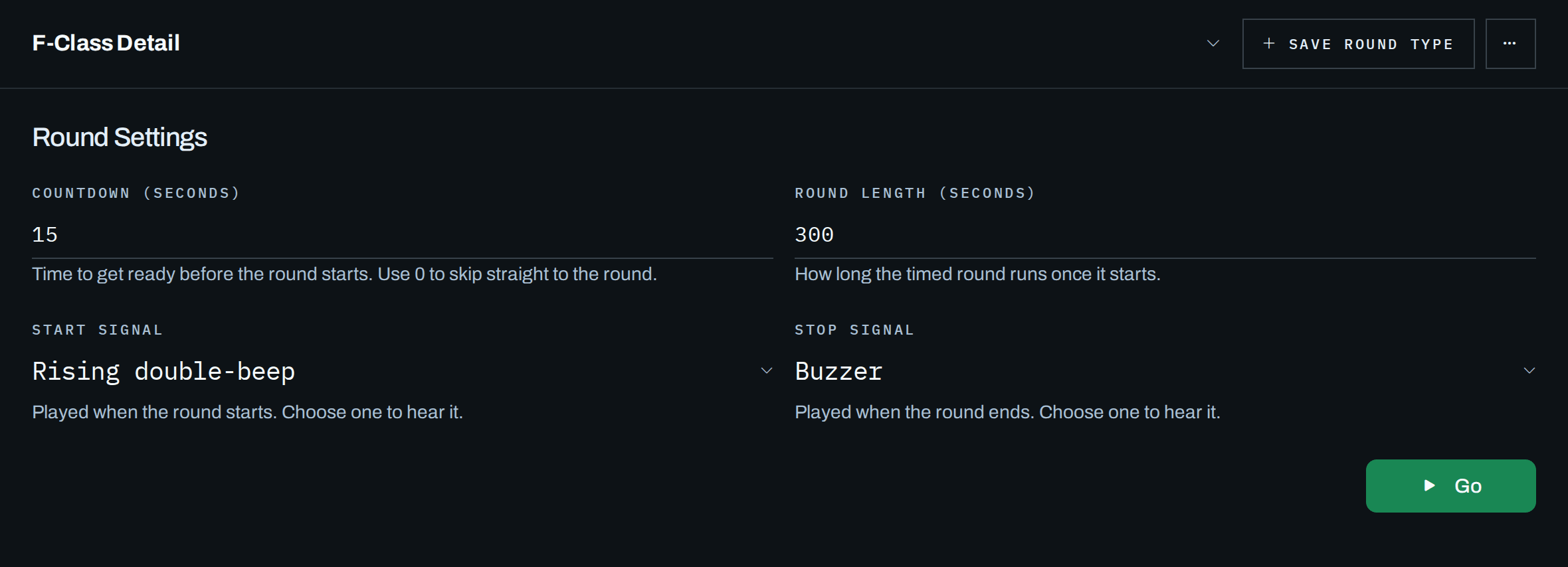 The competition timer setup screen: a saved round-type dropdown, buttons to rename, delete and save a round type, and a Round Settings card with Countdown and Round Length inputs above a green Go button.