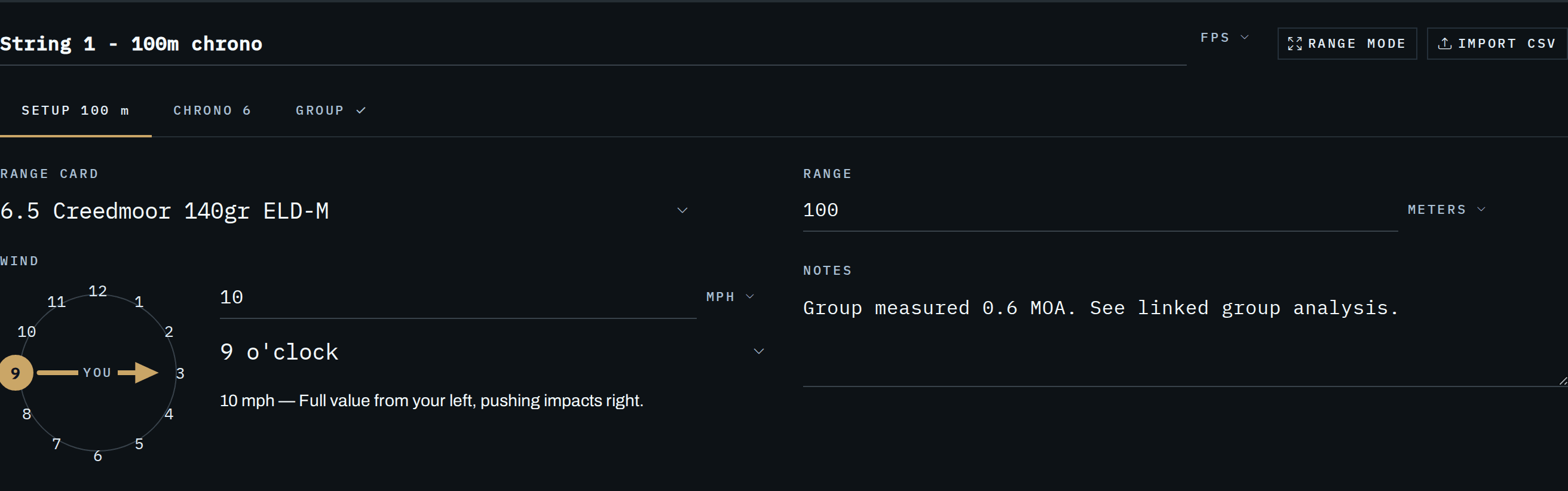 The same string on its Setup tab: the linked range card and the distance on one line, and beneath them the wind dial set to nine o'clock with an arrow across it showing that wind blowing left to right, the speed in mph, and the session notes.