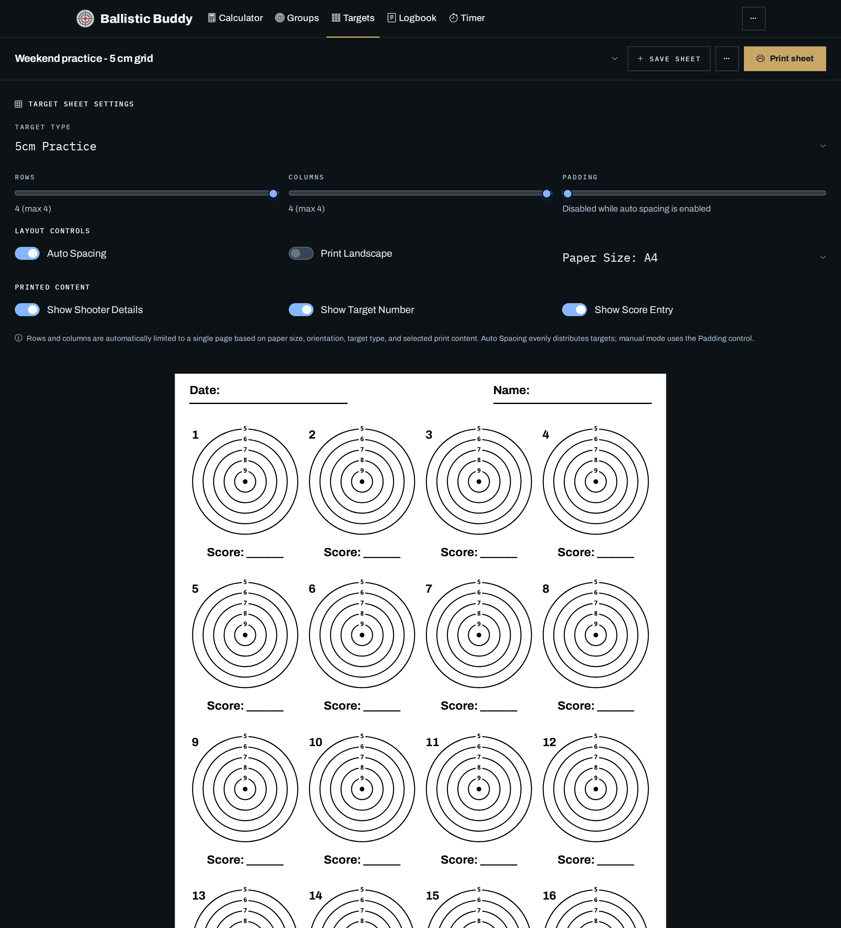 The target sheet builder with 5 cm Practice selected in a 4-by-4 grid, score entry and shooter details enabled, and a live preview of the printable A4 page below the settings.