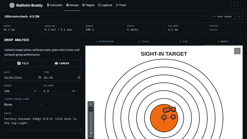 Ballistic Buddy's group analysis screen mid-measurement: a photographed sight-in target scaled against a 20 cm calibration bar, five impacts marked, reading 31.2 mm group at 0.3 mil.